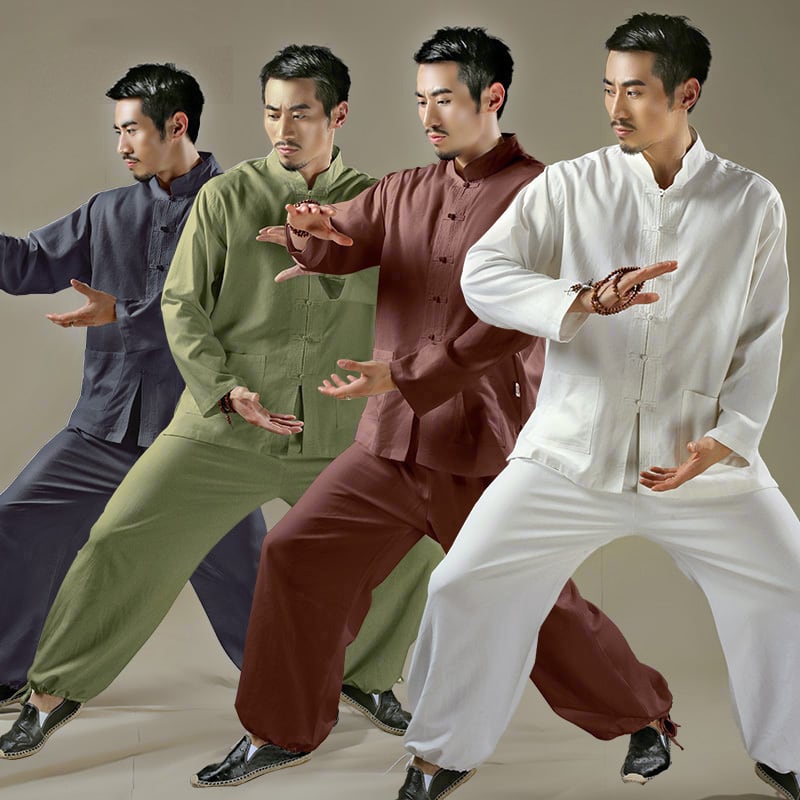 男性用の綿麻太極拳服。使用した綿麻生地はとても柔らかく快適です。春や秋に着ていただきたい太極拳服です。