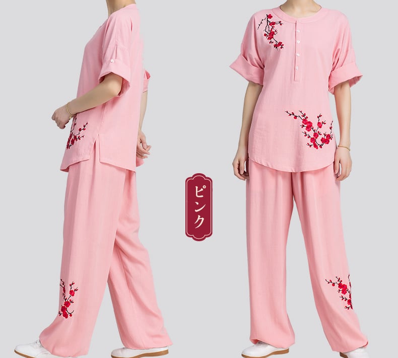 ピンクの綿麻刺繍半袖練習服